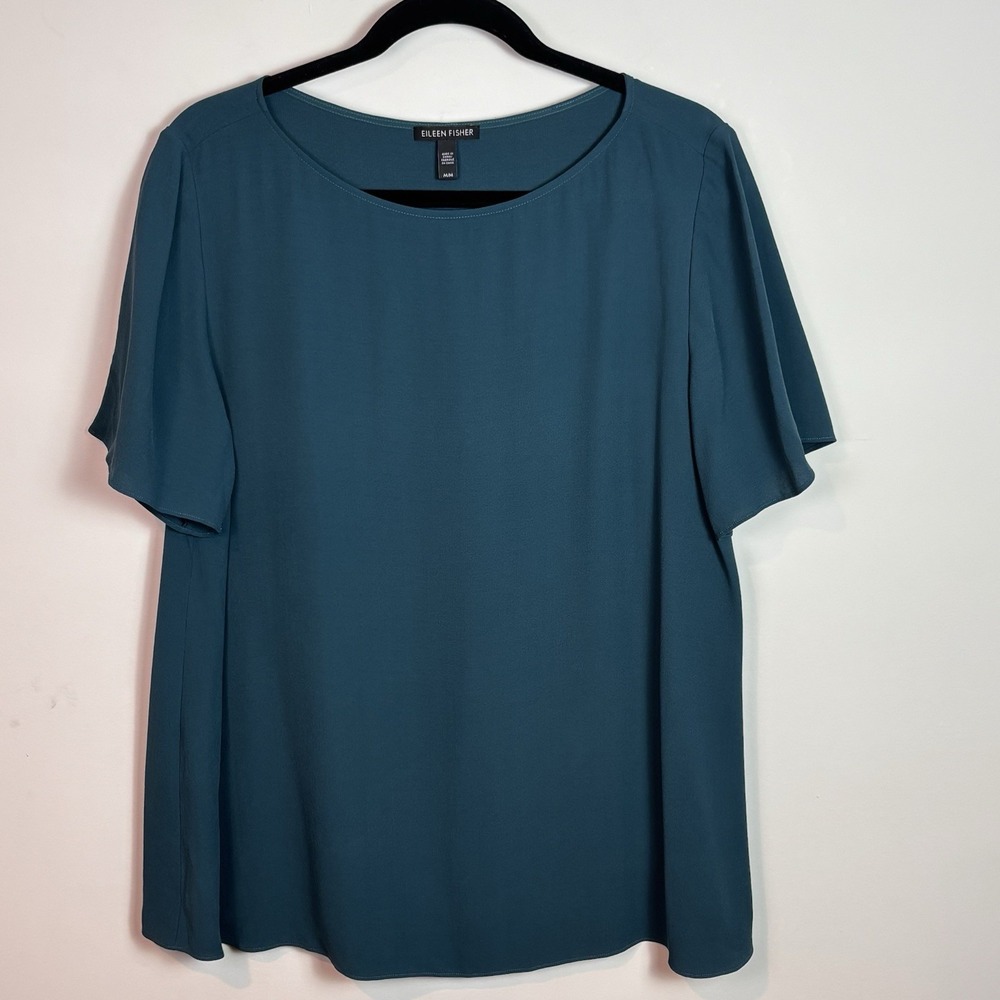 Eileen Fisher Women's Teal Green 100% Silk Short Sleeve Relaxed Fit Blouse Sz Md